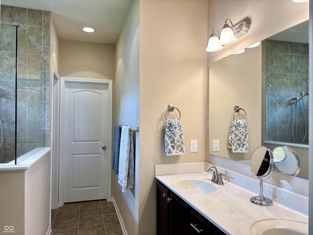 11700 Harvest Moon Dr, Noblesville, IN 46060 - bathroom with double vanity, tiled shower, and tile patterned flooring