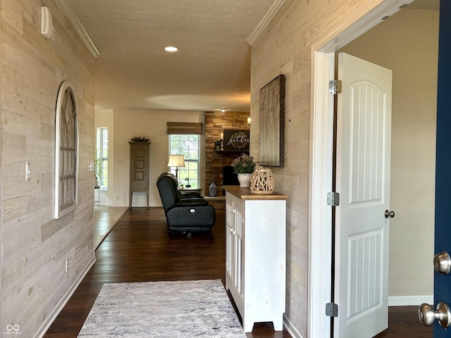 11700 Harvest Moon Dr, Noblesville, IN 46060 - hallway with ornamental molding and dark wood finished floors