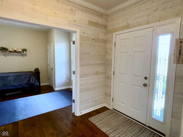11700 Harvest Moon Dr, Noblesville, IN 46060 - entryway with wood walls, dark wood finished floors, and ornamental molding