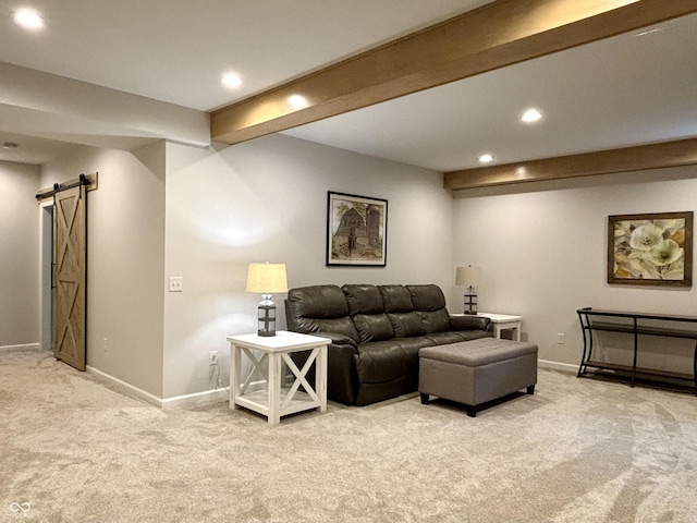 11700 Harvest Moon Dr, Noblesville, IN 46060 - living area featuring a barn door, light colored carpet, and recessed lighting