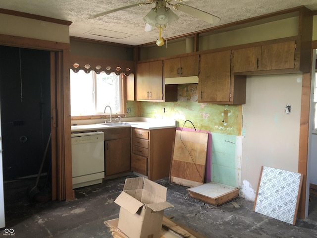 409 Parkway St, Whiteland, IN 46184 - kitchen featuring white dishwasher, a sink, under cabinet range hood, ceiling fan, and brown cabinetry