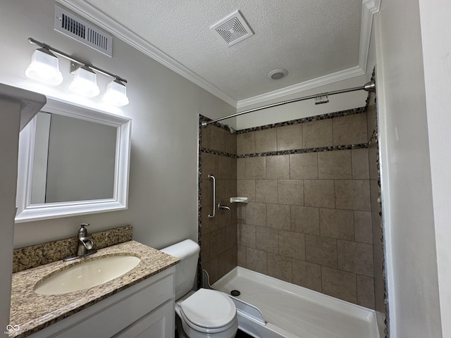 409 Parkway St, Whiteland, IN 46184 - full bathroom featuring a textured ceiling, toilet, vanity, ornamental molding, and a stall shower