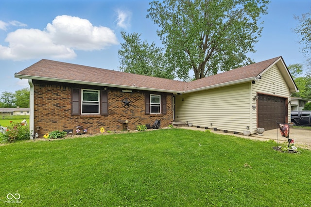 9130 E 18th St, Indianapolis, IN 46229 - ranch-style home with brick siding, a garage, driveway, and a front lawn