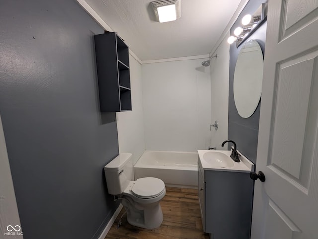 9712 N Price St, Knightsville, IN 47857 - full bath featuring wood finished floors, toilet, vanity, crown molding, and shower / bath combination