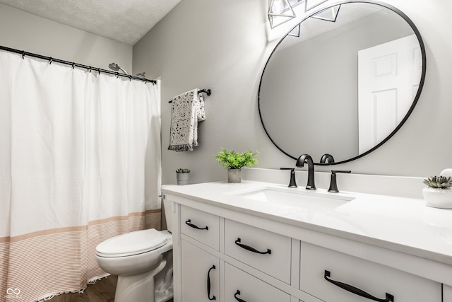 912 Delray Dr, Indianapolis, IN 46241 - bathroom with vanity, toilet, wood finished floors, a textured ceiling, and a shower with curtain