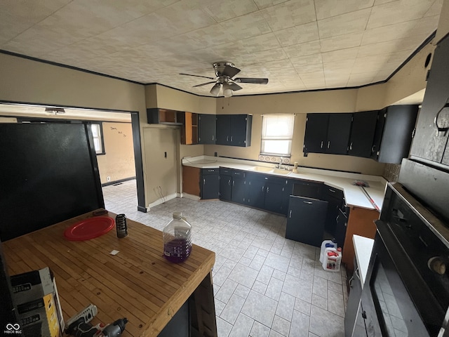 16 S 7th St, West Terre Haute, IN 47885 - kitchen featuring black appliances, ceiling fan, light countertops, dark cabinetry, and a sink