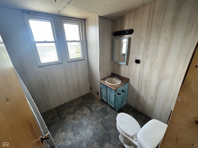16 S 7th St, West Terre Haute, IN 47885 - bathroom with vanity, toilet, wooden walls, and stone finish floors