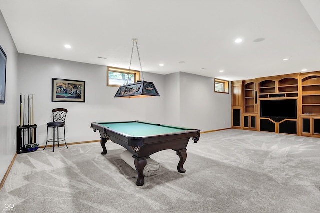 1344 S Fox Paw Dr, New Palestine, IN 46163 - rec room with light carpet, billiards table, and recessed lighting