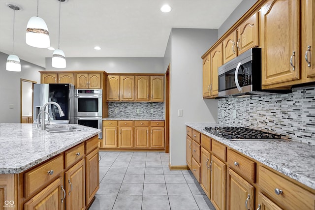 1344 S Fox Paw Dr, New Palestine, IN 46163 - kitchen with appliances with stainless steel finishes, decorative backsplash, light stone countertops, decorative light fixtures, and light tile patterned floors