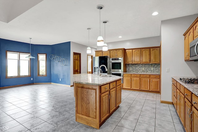 1344 S Fox Paw Dr, New Palestine, IN 46163 - kitchen featuring stainless steel appliances, light tile patterned flooring, backsplash, brown cabinetry, and recessed lighting