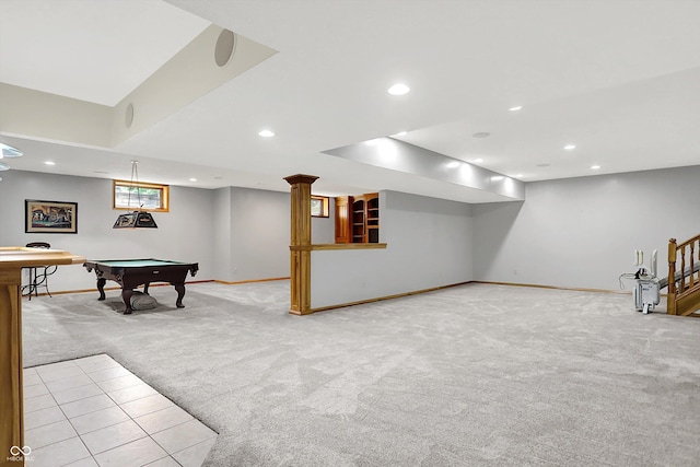 1344 S Fox Paw Dr, New Palestine, IN 46163 - playroom featuring light carpet, pool table, and recessed lighting