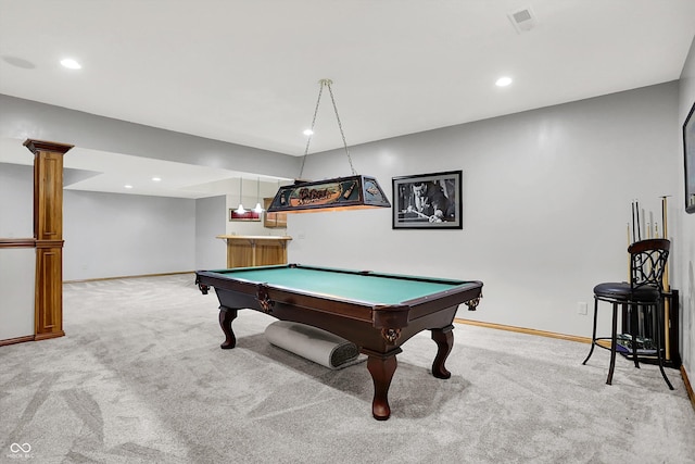 1344 S Fox Paw Dr, New Palestine, IN 46163 - playroom with light carpet, billiards table, recessed lighting, and bar area