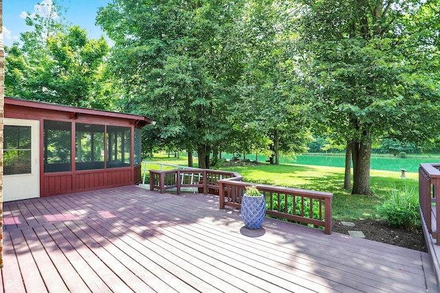 1344 S Fox Paw Dr, New Palestine, IN 46163 - wooden terrace featuring a sunroom and a yard