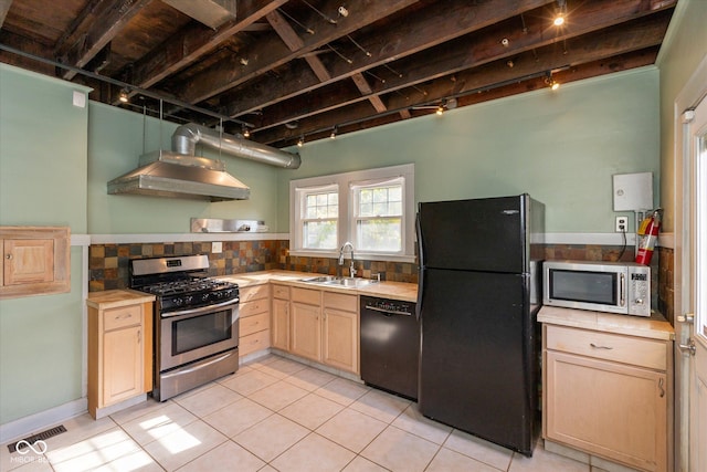 1015 Fairfield Ave, Indianapolis, IN 46205 - kitchen featuring black appliances, a sink, wall chimney range hood, light brown cabinetry, and rail lighting