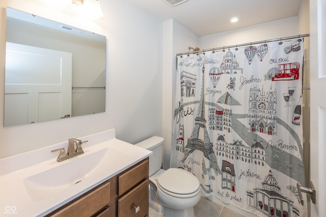 1863 River Birch Dr, Greenfield, IN 46140 - full bathroom featuring vanity, toilet, a shower with shower curtain, tile patterned floors, and recessed lighting