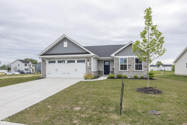 1863 River Birch Dr, Greenfield, IN 46140 - craftsman house with board and batten siding, stone siding, an attached garage, and concrete driveway