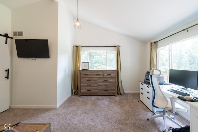 6799 Lakeshore Dr, Avon, IN 46123 - office space featuring lofted ceiling, plenty of natural light, light carpet, baseboards, and a barn door