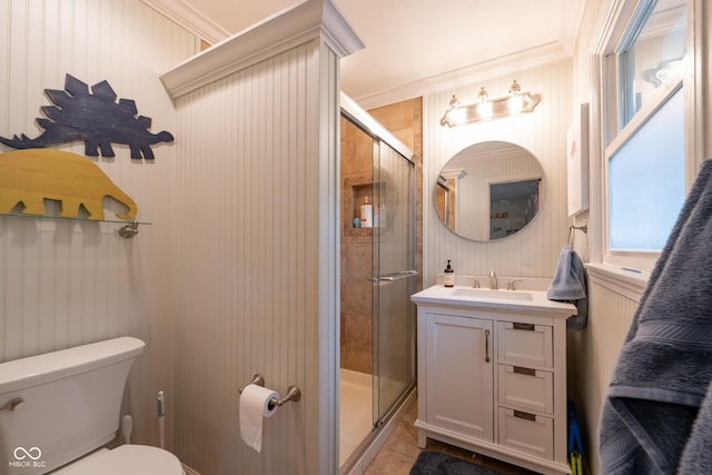 6799 Lakeshore Dr, Avon, IN 46123 - bathroom with vanity, toilet, a stall shower, and tile patterned flooring