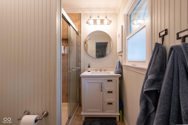 6799 Lakeshore Dr, Avon, IN 46123 - bathroom featuring vanity, a shower stall, and ornamental molding