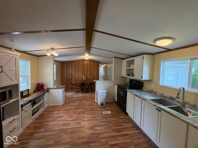 15003 Pheasant Dr, Brookville, IN 47012 - kitchen featuring black range with electric stovetop, a sink, open shelves, dark wood-style flooring, and white cabinetry