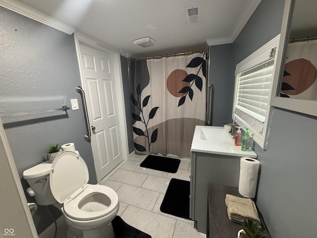 3041 S Rybolt Ave, Indianapolis, IN 46241 - bathroom featuring toilet, vanity, crown molding, marble look tile flooring, and curtained shower