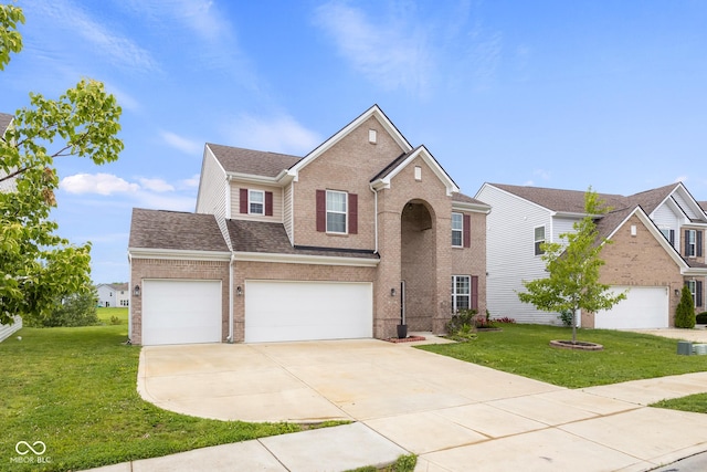 2502 Creekland Dr, Columbus, IN 47201 - traditional home featuring brick siding, a front lawn, driveway, a garage, and roof with shingles