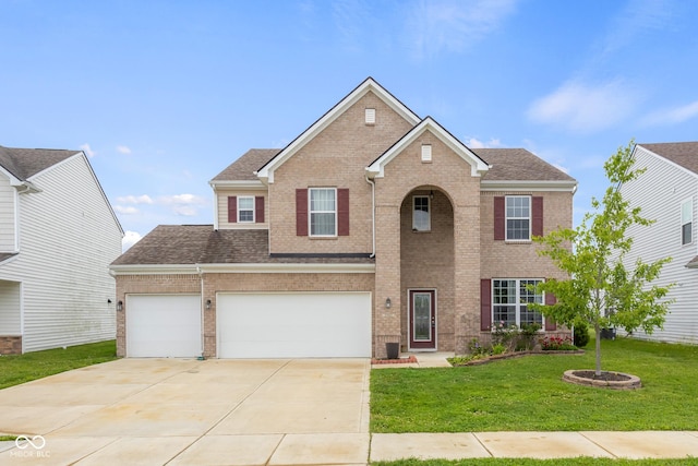 2502 Creekland Dr, Columbus, IN 47201 - traditional-style home with brick siding, driveway, a front lawn, roof with shingles, and an attached garage