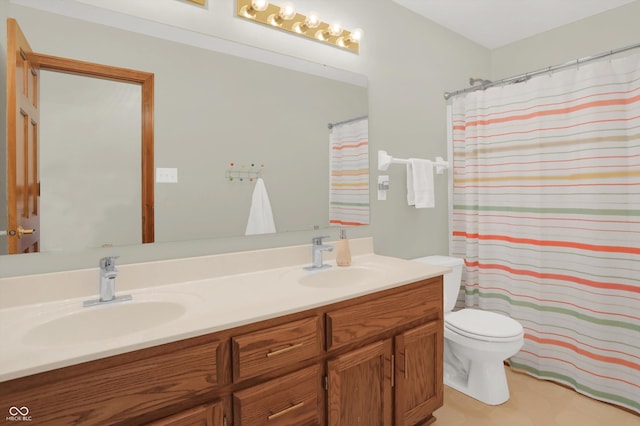 545 Walnut Woods Dr, Greenwood, IN 46142 - bathroom featuring double vanity, toilet, and a shower with shower curtain