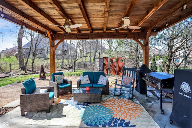 545 Walnut Woods Dr, Greenwood, IN 46142 - fenced backyard with ceiling fan, outdoor lounge area, and a patio