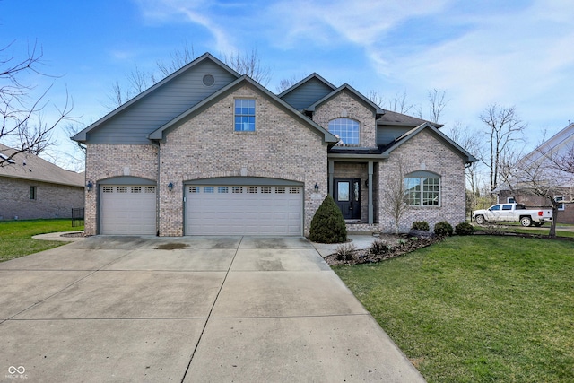 545 Walnut Woods Dr, Greenwood, IN 46142 - view of front of home featuring brick siding, concrete driveway, a front lawn, and an attached garage