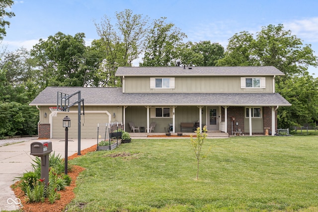 12920 N Oakhaven Dr, Camby, IN 46113 - view of front facade featuring concrete driveway, a porch, an attached garage, a front lawn, and a shingled roof