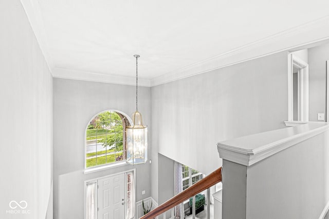 14353 Chariots Whisper Dr, Carmel, IN 46074 - hallway featuring plenty of natural light, a chandelier, stairs, and ornamental molding