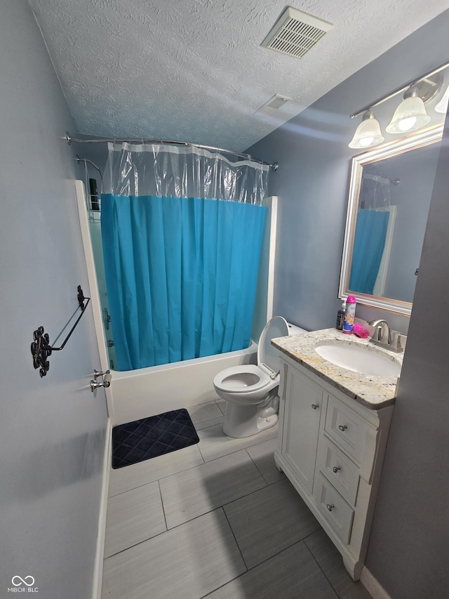 2248 Salem Park Dr, Indianapolis, IN 46239 - bathroom with shower / bathtub combination with curtain, vanity, toilet, a textured ceiling, and tile patterned flooring