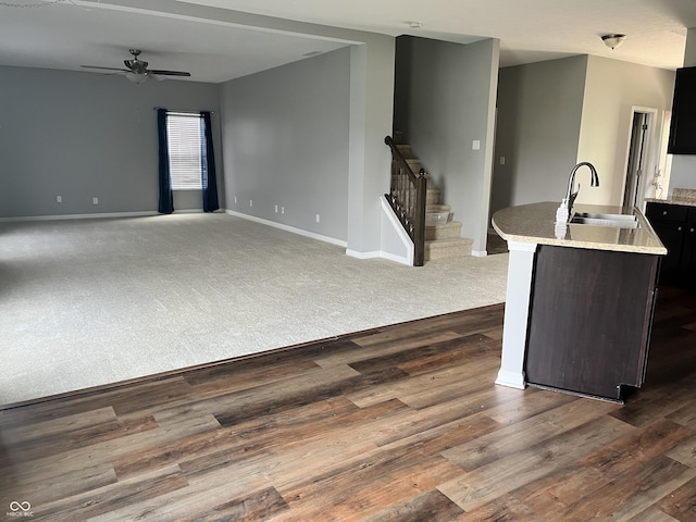 842 Westpointe Dr, Shelbyville, IN 46176 - kitchen with a sink, ceiling fan, dark wood finished floors, baseboards, and open floor plan