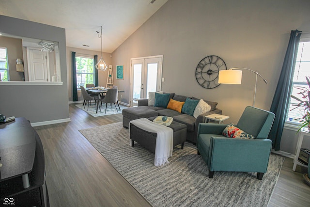 9774 Foxboro Ln, Fishers, IN 46038 - living room with wood finished floors, baseboards, and high vaulted ceiling