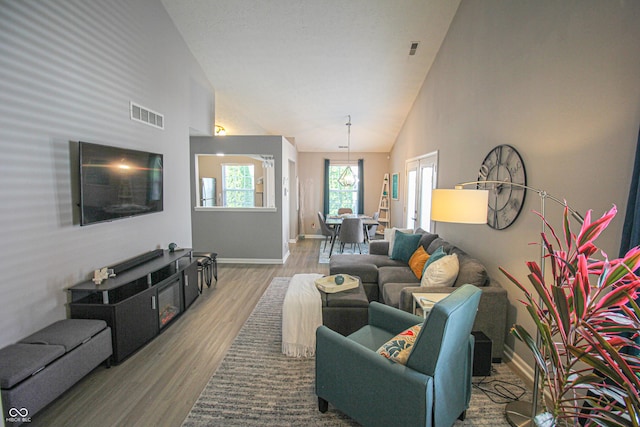 9774 Foxboro Ln, Fishers, IN 46038 - living area featuring wood finished floors, high vaulted ceiling, and baseboards