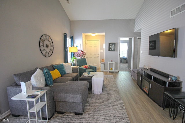9774 Foxboro Ln, Fishers, IN 46038 - living area featuring wood finished floors, high vaulted ceiling, and baseboards