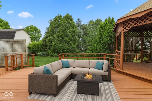 7426 N Carroll Rd, Indianapolis, IN 46236 - deck featuring an outdoor living space with a fire pit, a gazebo, and a yard