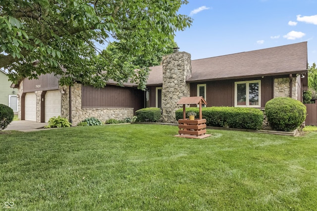 7426 N Carroll Rd, Indianapolis, IN 46236 - view of front of property with stone siding, a chimney, and a front lawn