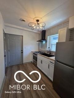 2421 N Arsenal Ave, Indianapolis, IN 46218 - kitchen with appliances with stainless steel finishes, extractor fan, dark wood-style flooring, a sink, and white cabinets