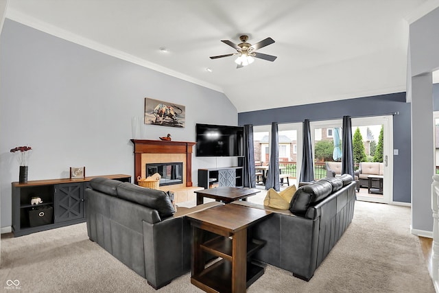 14492 Allison Dr, Carmel, IN 46033 - living area with light carpet, baseboards, ceiling fan, a fireplace, and crown molding