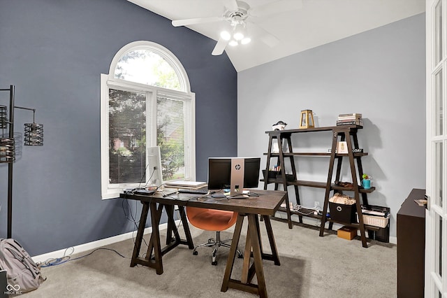 14492 Allison Dr, Carmel, IN 46033 - office area featuring a ceiling fan, carpet floors, baseboards, and high vaulted ceiling