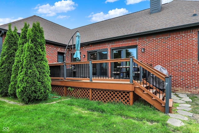 14492 Allison Dr, Carmel, IN 46033 - back of property with brick siding, a shingled roof, a deck, and a chimney