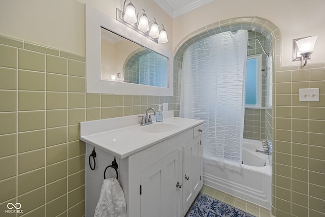 3503 S 9th St, Lafayette, IN 47909 - full bathroom featuring tile walls, vanity, shower / washtub combination, ornamental molding, and tile patterned flooring