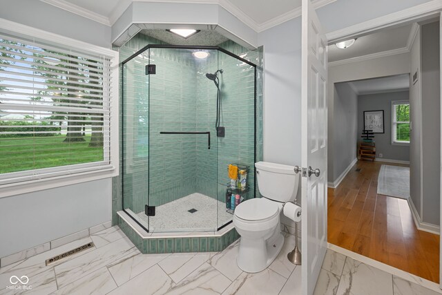 3503 S 9th St, Lafayette, IN 47909 - full bath with toilet, marble finish floors, baseboards, a shower stall, and crown molding