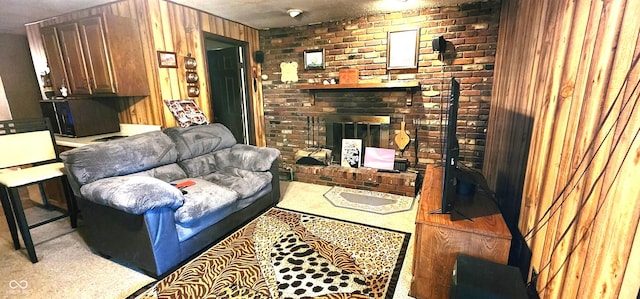 1619 Crest Ct, Indianapolis, IN 46214 - carpeted living area with a brick fireplace