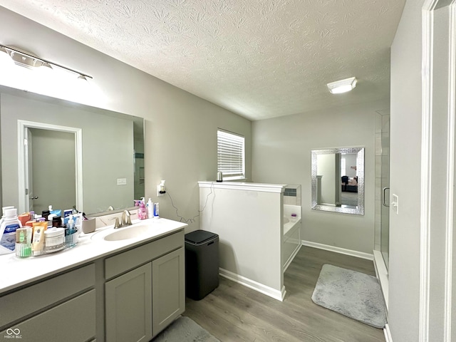 9133 Thames Dr, Avon, IN 46123 - full bathroom with wood finished floors, a textured ceiling, vanity, a stall shower, and a garden tub