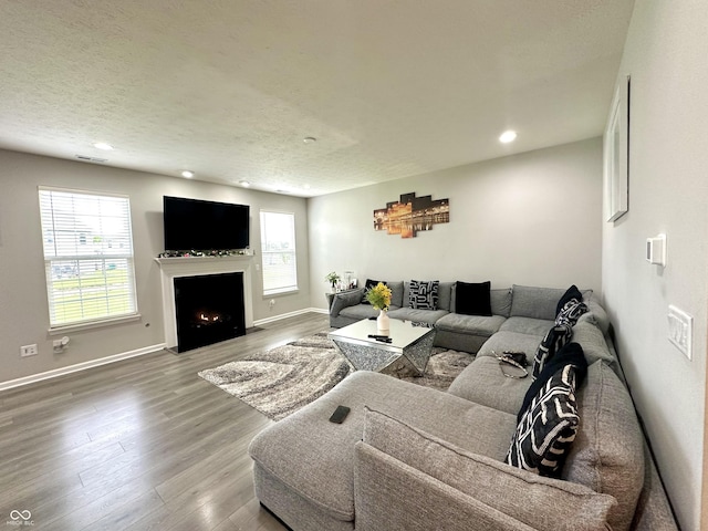 9133 Thames Dr, Avon, IN 46123 - living area featuring baseboards, wood finished floors, recessed lighting, and a fireplace with flush hearth