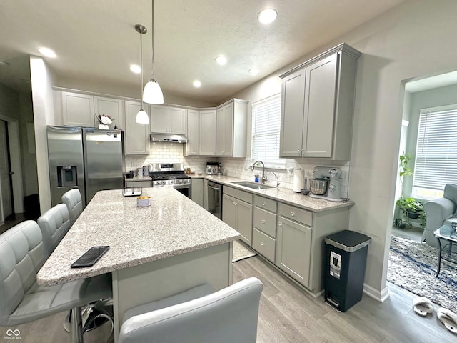 9133 Thames Dr, Avon, IN 46123 - kitchen featuring appliances with stainless steel finishes, a sink, decorative backsplash, light wood-style flooring, and under cabinet range hood