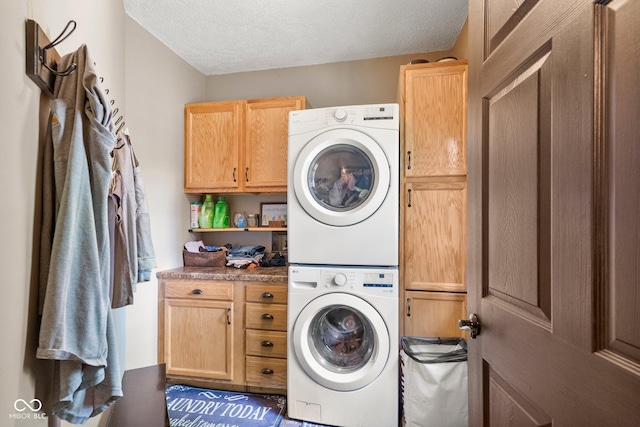 3480 W Broadus Dr, North Vernon, IN 47265 - washroom featuring cabinet space, estacked washer and dryer, and a textured ceiling